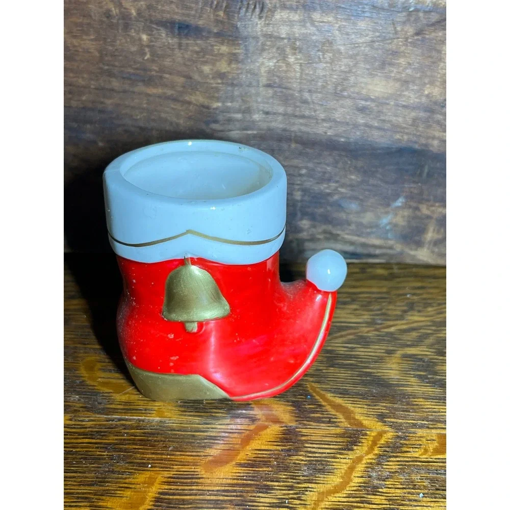 VTG Colonial Candle Santa Boot Ceramic Christmas Holiday Decor Red Gold Japan